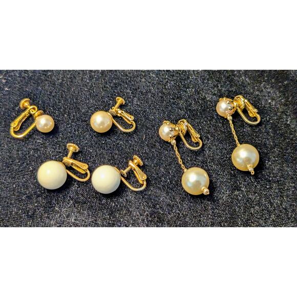Three Pair Cream Theme Vintage Clip On & Screw On Earrings - Picture 5 of 6